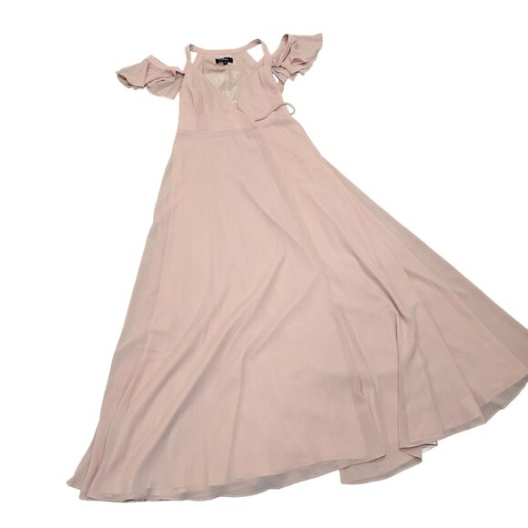 Lulus listeing blush Pink Wrap Maxi Dress With Ruffle Sleeves & V-Neckline Sz S - Picture 8 of 9